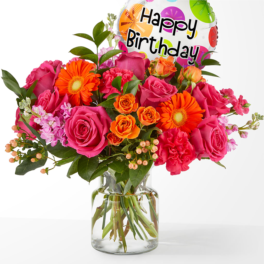 Fiesta Bouquet with Birthday Balloon – Royal Flower Shop, Toms River NJ